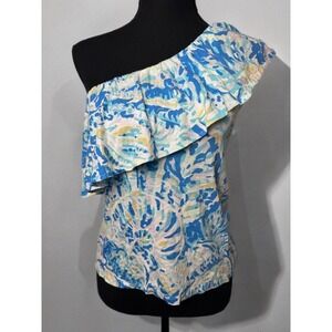Lilly Pulitzer Matteo One‎ Shoulder Ruffle Bennet Blue Salty Seas Print Top xxs